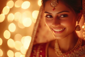 Smiling bride in golden bokeh lights