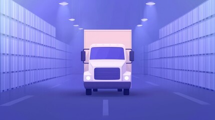 A modern delivery truck navigating through a glowing warehouse illuminated by soft lights, showcasing logistics and transport.