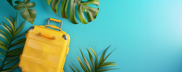 Wall Mural - Yellow Suitcase with Tropical Leaves on Blue Background