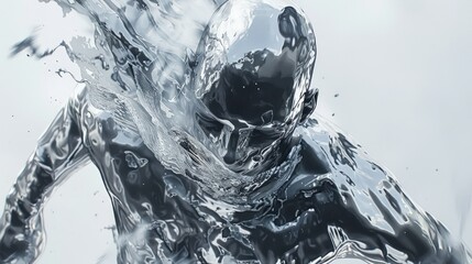 Poster - A metallic figure appears to melt into flowing water, creating an intriguing blend of form and liquid that evokes a sense of motion