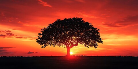 Canvas Print - Silhouette of a Tree Against a Vibrant Sunset Illustration