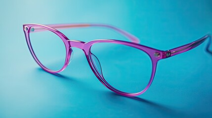 A pair of glasses with a sleek purple frame sits on a bright blue surface, the contrast highlighting the stylish design.