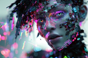 Poster - A cybernetic character with vibrant digital elements and glowing eyes presents a futuristic aesthetic in a technologically advanced setting