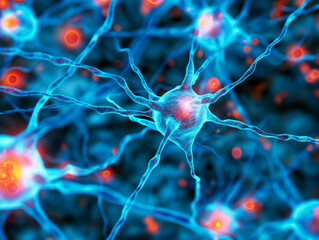 Wall Mural - A close up of a brain with many blue and red neurons