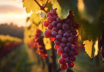 Wall Mural - Close-up of ripe red grapes hanging on a vine in a vineyard during sunset