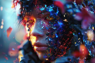 Poster - A young person is surrounded by vibrant, reflective fragments, creating a striking visual effect against a twilight urban backdrop