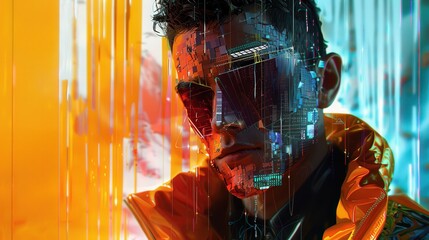 Poster - A cybernetic figure with reflective sunglasses stands in a colorful urban setting, surrounded by digital effects and glowing lights at dusk