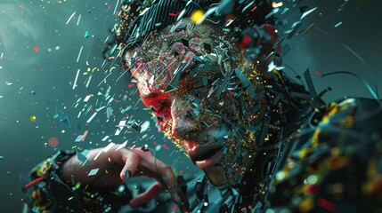 Poster - A person’s face is disintegrating into vibrant, colorful fragments while surrounded by a mystical atmosphere
