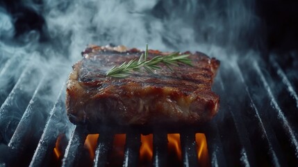 Wall Mural - A steak on a grill with smoke coming out of it, AI