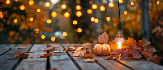 Still life of autumn pumpkin with glowing lantern, light bulb, garlands decoration on wooden background at the backyard patio.Fall banner for Halloween with Jack o lantern. Copy space. Generative ai