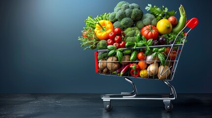 Poster - A dynamic 3D vector illustration portraying a supermarket shopping trolley cart laden with bags of fresh groceries, including colorful fruits