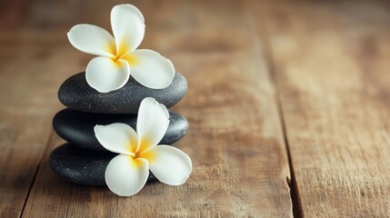 Poster - Two white frangipani flowers sit on top of three black stones, AI