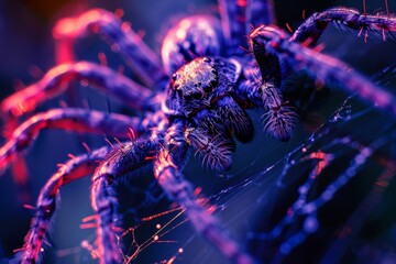 A detailed close-up of a spider illuminated by vibrant neon lights, highlighting its intricate web and textured body in a dark, moody atmosphere