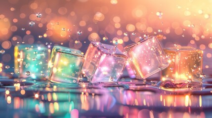   A group of cubes floats atop water, accompanied by a cluster of droplets