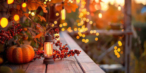 Autumn composition with pumpkins, glowing lantern, garland, decoration at the wooden table of backyard, patio. Cozy fall background. Halloween. Generative ai