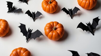 Wall Mural - White background with various paper bats and halloween pumpkin, celebration and holiday concept.