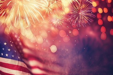 Abstract red, white, and blue patriotic backdrop with bokeh lights and fireworks.