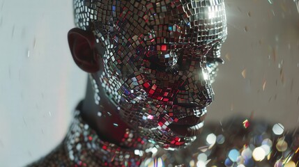 Poster - A glittering figure covered in reflective tiles glows as colorful lights dance around, creating a captivating visual experience in an urban environment