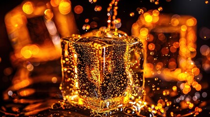 Wall Mural -   A glass full of liquid sits on a black table with many gold flecks and bubbles