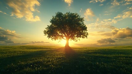 Wall Mural - Lone Tree Silhouette in a Field at Sunset - 3D Illustration