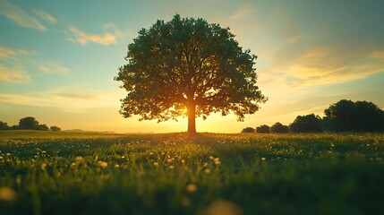 Canvas Print - Solitary Tree in a Field of Flowers - Sunset Landscape Illustration