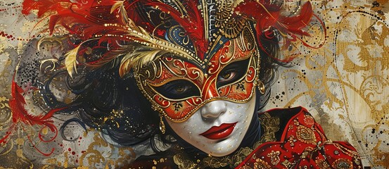 Wall Mural - A woman with a red and gold masquerade mask.