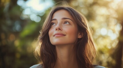 A radiant woman with long brown hair gazes upward, her face bathed in warm sunlight, a serene smile gracing her lips. Lush greenery forms a vibrant backdrop.