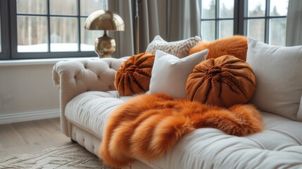 Poster - Add warmth to your modern living room with a plush faux fur throw blanket draped over the sofa and a