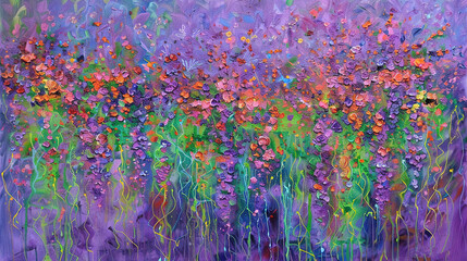 Wall Mural -  A stunning depiction of a flower field painted with acrylics on a canvas, against a captivating purple backdrop