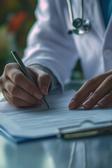 Doctor writing survey, insurance and claim form for medical paperwork, document and script for patient records, test result and research in a hospital. Physician hands signing and planning healthcare