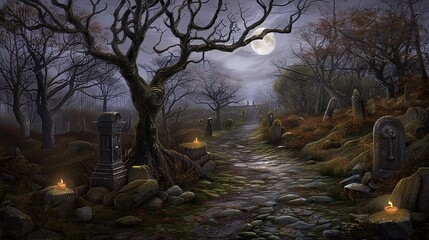 Wall Mural -  A moonlit cemetery painting with grounded candles