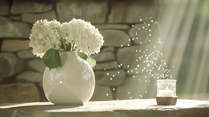 Wall Mural -   White vase with flowers, salt jar, and brown liquid on table