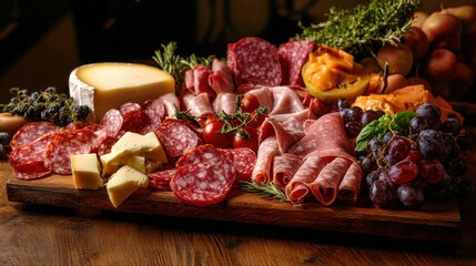 Wall Mural - Sliced gourmet meat, cheese, vegetables and fruits on wooden board