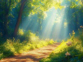 Wall Mural - Sunbeams Through Trees on Forest Path Illustration