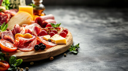 Wall Mural - Sliced gourmet meat, cheese, vegetables and fruits on wooden board