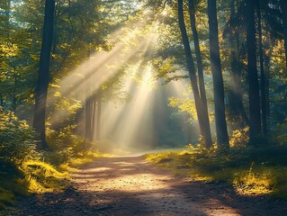 Wall Mural - Sunbeams Through Trees in Forest Illustration