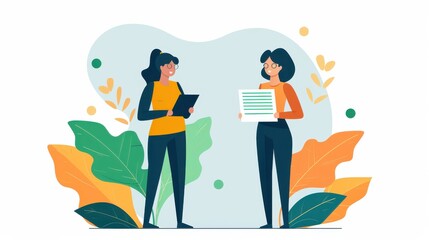 Poster - critical feedback, two people with review documents, flat design illustration