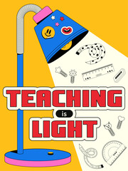 Poster - Vertical card with a back to school theme in retro style y2k. Vector illustration of a desk lamp with stickers and a beam of light with various office supplies. Teaching is light.