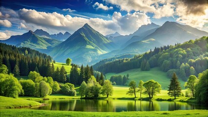 Serene summer landscape with lush green mountains in the background, summer, mountains, green, landscape, beautiful, serene