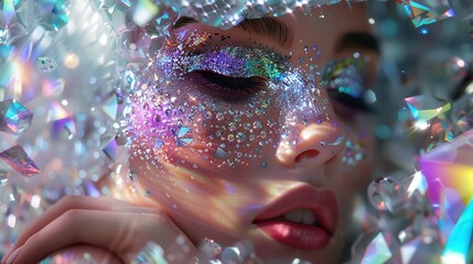 Poster - A model showcases intricate makeup with glitter and jewels, creating a dazzling effect in a colorful and sparkling environment