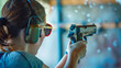 © tiagozr - Woman practicing target shooting with handgun at indoor range.