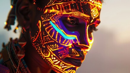 Poster - A person displays intricate face artwork illuminated by the setting sun, highlighting cultural heritage and artistic traditions