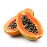 Close up of Fresh halved papaya fruit on an isolated white background