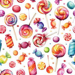 Wall Mural - Watercolor seamless pattern with assorted colorful lollipops and candies isolated on white background.