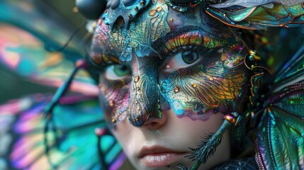 Poster - A woman wears a colorful butterfly mask, blending elements of nature and fantasy, showcasing intricate details during a lively celebration