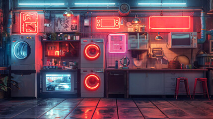 Wall Mural - Conceptualize a neon exhibit of smart appliances symbols, featuring shining