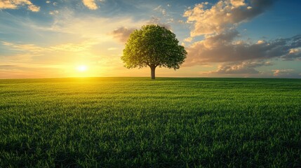 A vast green field with a solitary tree in the center, illuminated by the warm rays of the setting sun.