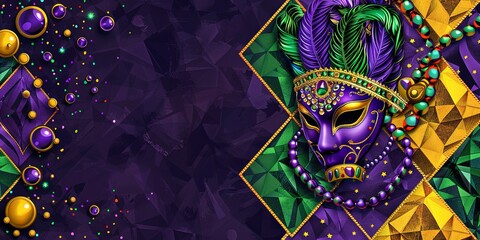 Wall Mural - A purple, green, and gold Mardi Gras mask with feathers and beads on a dark purple geometric background.