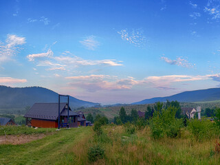 Wonderful landscape view on the Carpathian Mountains during the sunset in the summer season 