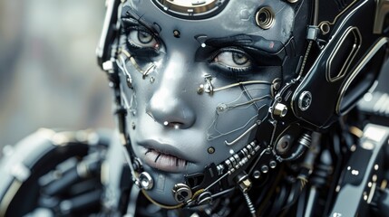 Poster - The humanoid robot displays a blend of advanced technology and realism with fine details on its metallic surface